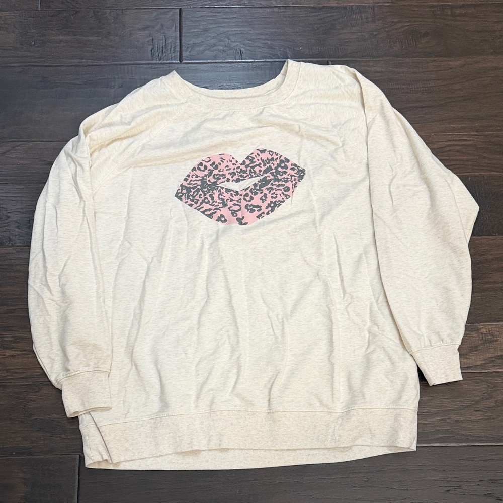 Wildfox Hot Kiss Pink Leopard Sweatshirt Heathered Creme XL